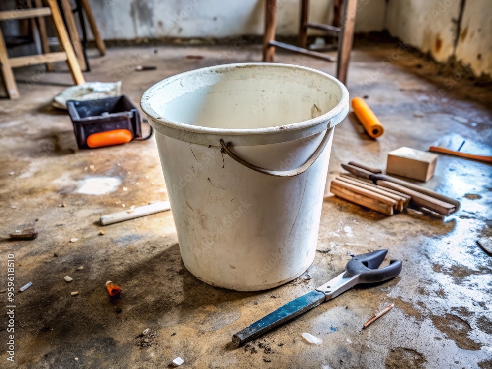a photo image of a white plastic bucket with a dirty floor and scattered tools around it, with a worn-out handle and scratches on the surface. a photo image of a white plastic bucket with a dirty floor and scattered tools around it, with a worn-out handle and scratches on the surface.