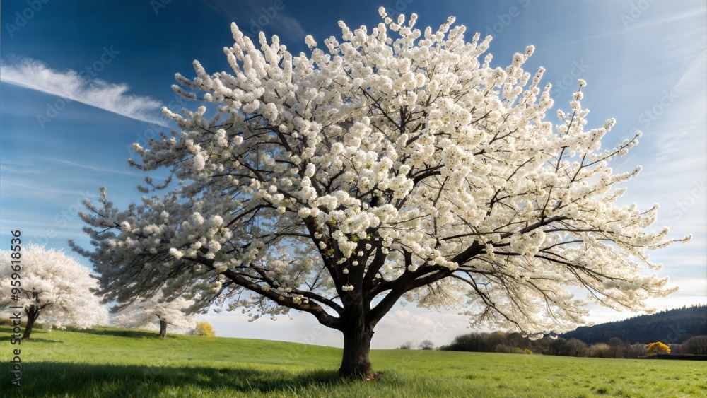 cherry tree with flowers on green field in spring. cherry tree with flowers on green field in spring.