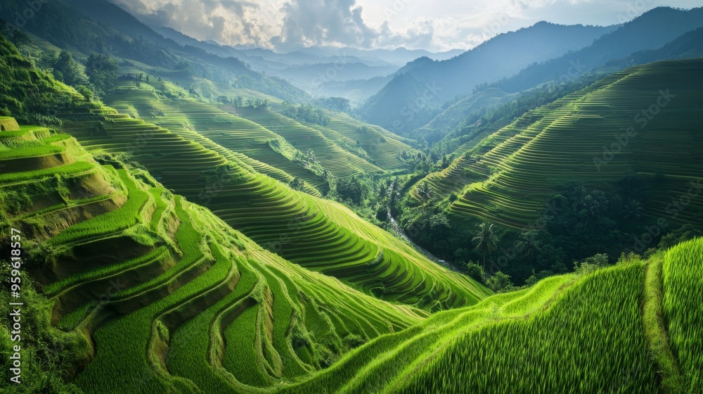 A picturesque landscape of terraced rice fields cascading down a hillside, showcasing the stunning patterns and lush greenery A picturesque landscape of terraced rice fields cascading down a hillside, showcasing the stunning patterns and lush greenery