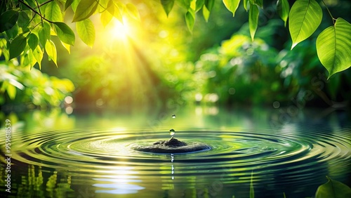 A serene pond with leaf-lined edges is disrupted by a single drop, beautifully illuminated by bright backlights