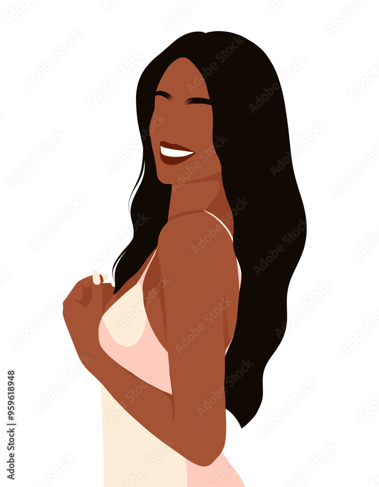 Illustration of a Black woman with wavy hair in a stylish dress, showcasing natural beauty and elegance, perfect for beauty, fashion, and lifestyle content. Illustration of a Black woman with wavy hair in a stylish dress, showcasing natural beauty and elegance, perfect for beauty, fashion, and lifestyle content.