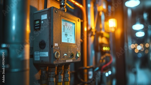 Close-up of an industrial control panel with digital display in a factory setting, surrounded by cables and pipes. photo