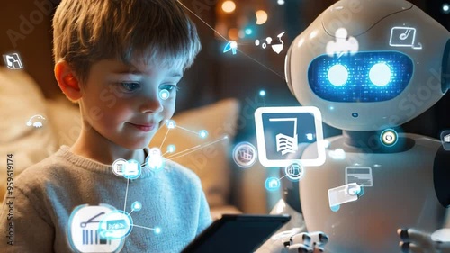 A young boy is looking at a robot on a screen while holding a cell phone