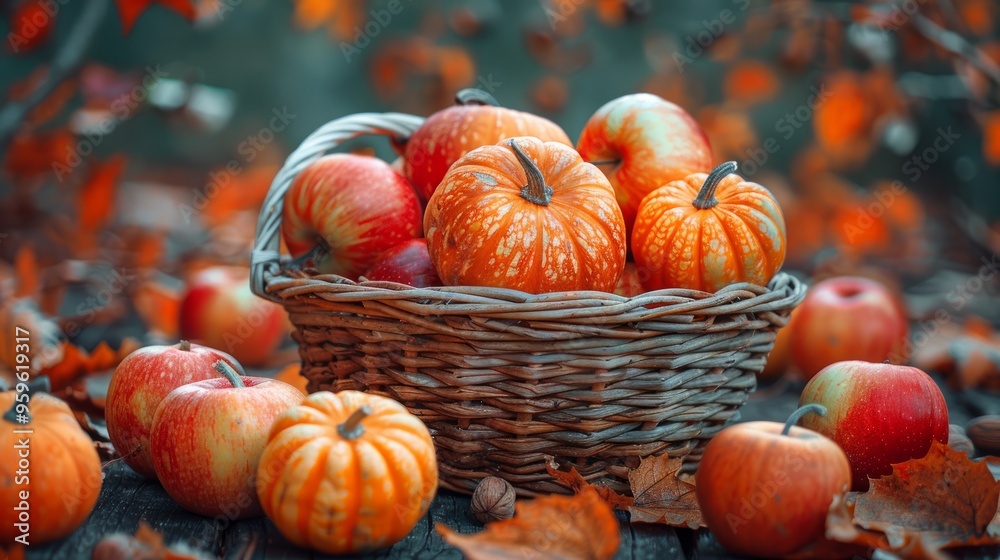 Thanksgiving day close up still life. Pumpkin harvest in wicker basket. Squash, vegetable autumn fruit, apples, and nuts on a wooden table. Halloween decoration fall design. Thanksgiving day close up still life. Pumpkin harvest in wicker basket. Squash, vegetable autumn fruit, apples, and nuts on a wooden table. Halloween decoration fall design.