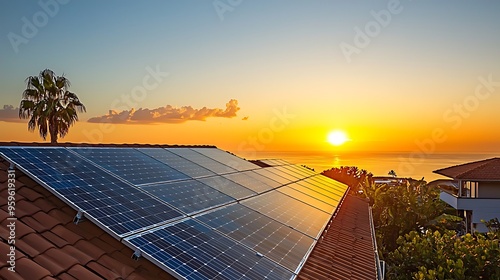 Solar panels on a roof at sunset with an ocean view, merging sustainability with scenic beauty. photo