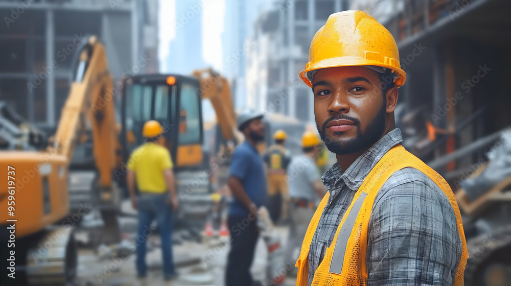 Construction worker in a busy urban site with machinery. Construction worker in a busy urban site with machinery.
