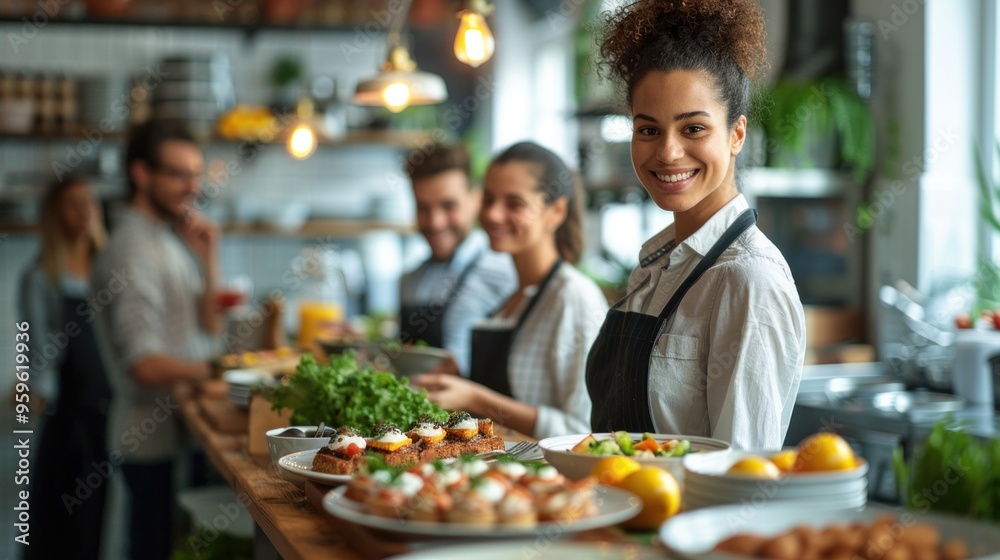 A woman is smiling and standing in front of a table full of food A woman is smiling and standing in front of a table full of food