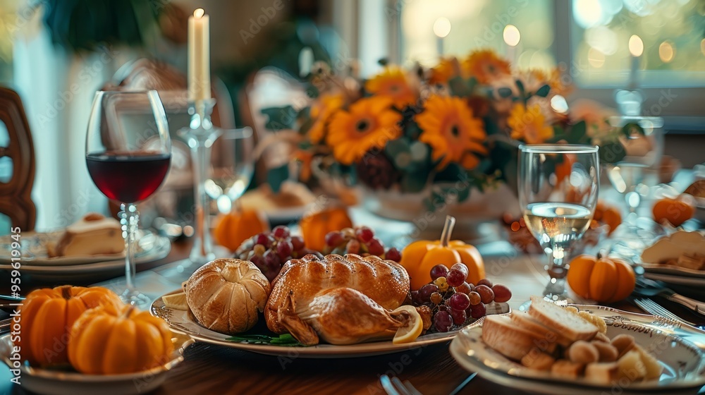 Thanksgiving dinner with decorations on dining table Thanksgiving dinner with decorations on dining table