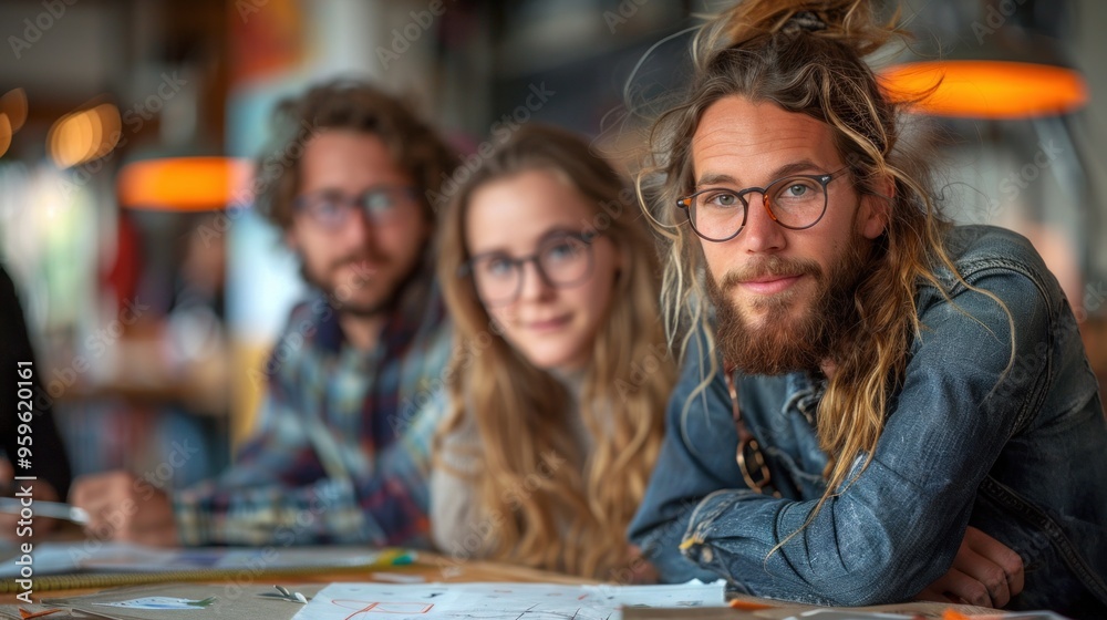 Three people are sitting at a table, one of them has a beard and glasses Three people are sitting at a table, one of them has a beard and glasses