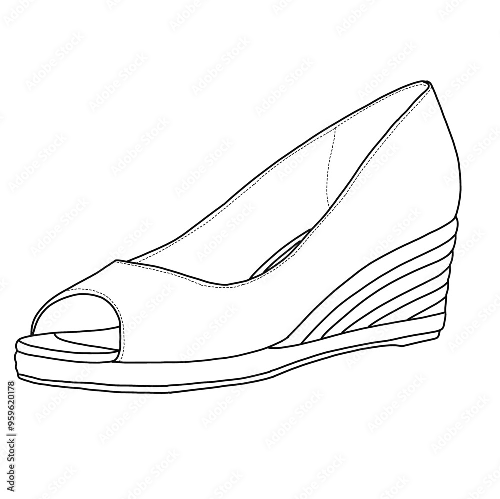 Women's Wedge Sandal with open toe Line art,Technical sketch hand drawing outline vector doodle illustration isometric side isometric view isolated on white background Women's Wedge Sandal with open toe Line art,Technical sketch hand drawing outline vector doodle illustration isometric side isometric view isolated on white background