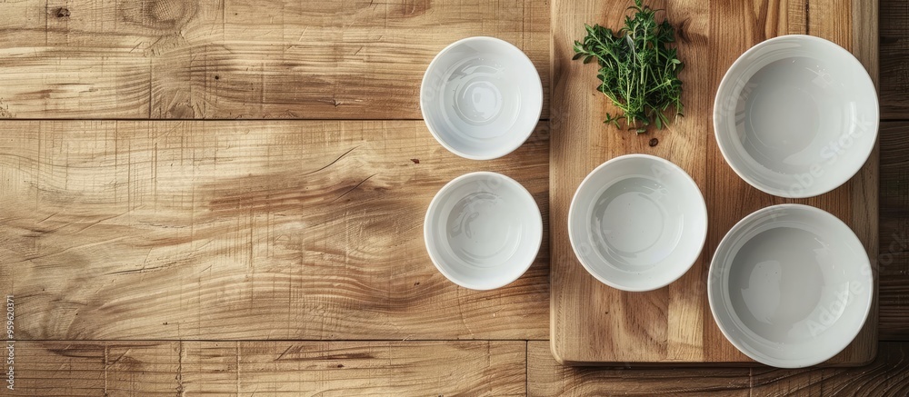 Empty white dishes are placed on a wooden table alongside a cutting board. Copy space image. Place for adding text and design Empty white dishes are placed on a wooden table alongside a cutting board. Copy space image. Place for adding text and design