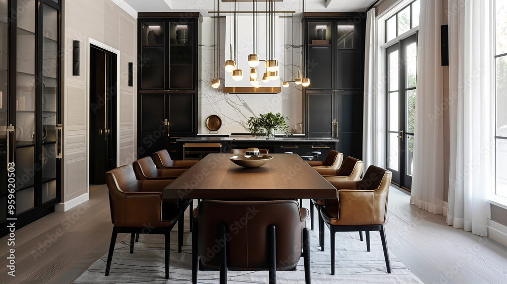 Quiet luxury dining room with a sleek, custom-made oak dining table, paired with leather chairs and simple, elegant brass light fixtures. Quiet luxury dining room with a sleek, custom-made oak dining table, paired with leather chairs and simple, elegant brass light fixtures.