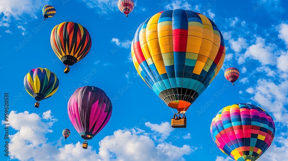Obraz premium Bright hot air balloons soaring through a blue sky with white clouds, creating a cheerful and uplifting scene.