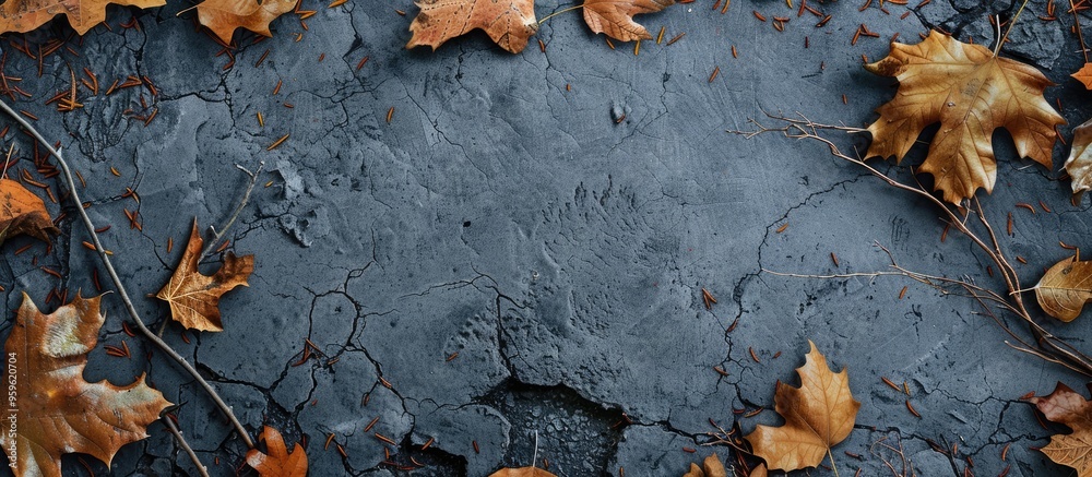 Frame and background with blank space in the center set against a backdrop of gray asphalt and dry branches with leaves. Copy space image. Place for adding text and design Frame and background with blank space in the center set against a backdrop of gray asphalt and dry branches with leaves. Copy space image. Place for adding text and design
