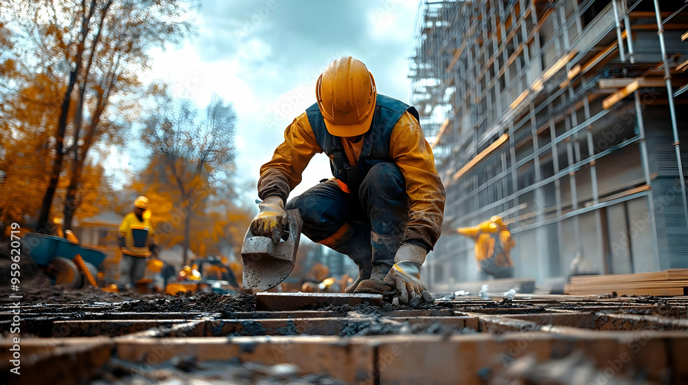 Construction workers laying concrete in an urban site. Construction workers laying concrete in an urban site.