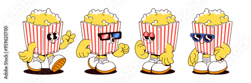 Popcorn box characters set isolated on white background. Contemporary vector cartoon illustration of red striped packages with crunchy snack walking, smiling, flirting in sunglasses, cinema mascot
