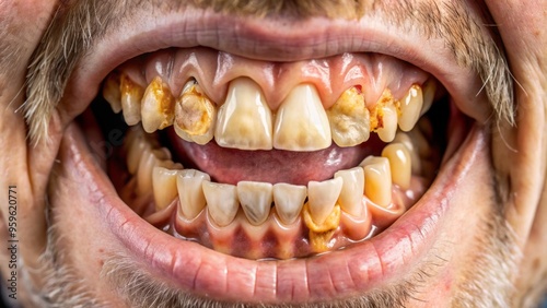 A photo image of a person holding their mouth open to show multiple yellowing and rotting teeth with cavities and gum recession.
