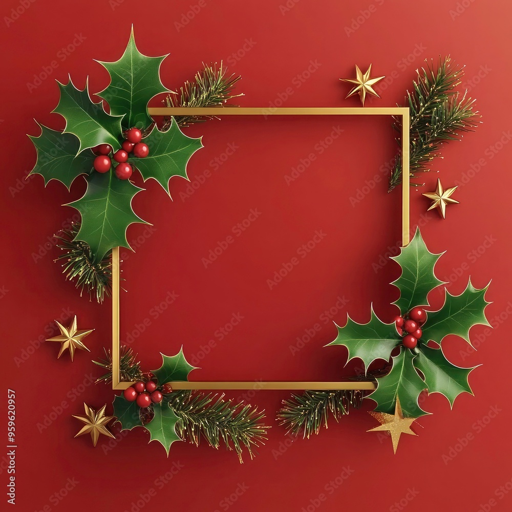 Christmas square wreath or frame, border. Concept for greeting card, Xmas - Xmas wreath with holly illustration, clipart, red background, solid color background, green decorations Christmas square wreath or frame, border. Concept for greeting card, Xmas - Xmas wreath with holly illustration, clipart, red background, solid color background, green decorations