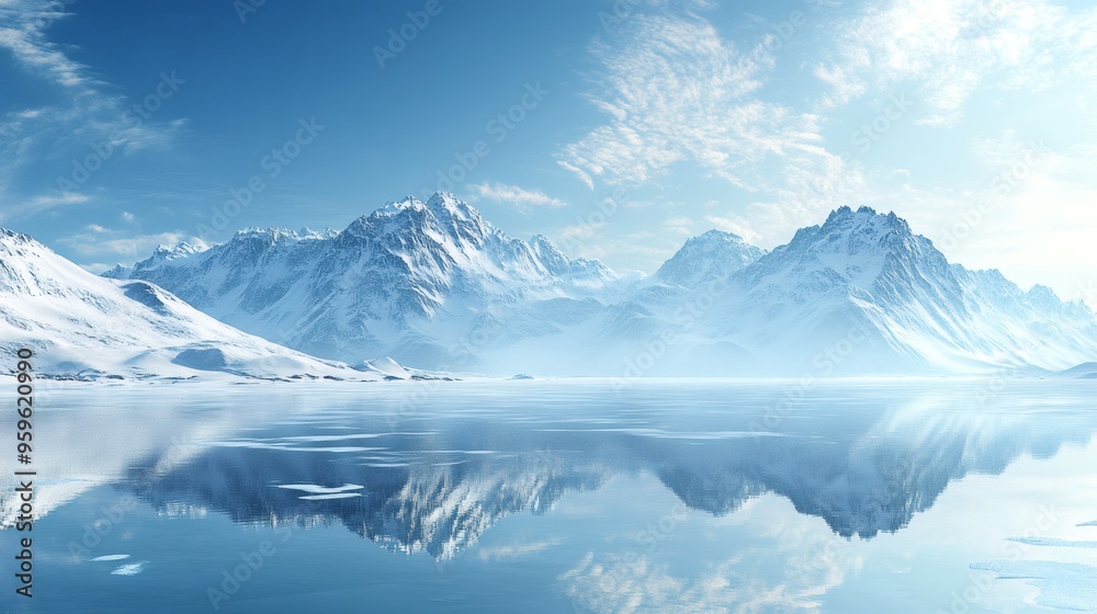 A serene scene of snow-capped mountains reflected in a calm, frozen lake. A serene scene of snow-capped mountains reflected in a calm, frozen lake.