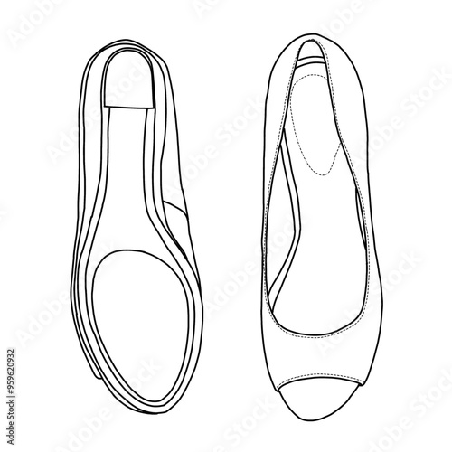 Women's Wedge Sandal with open toe Line art,Technical sketch hand drawing outline vector doodle illustration top and bottom view isolated on white background