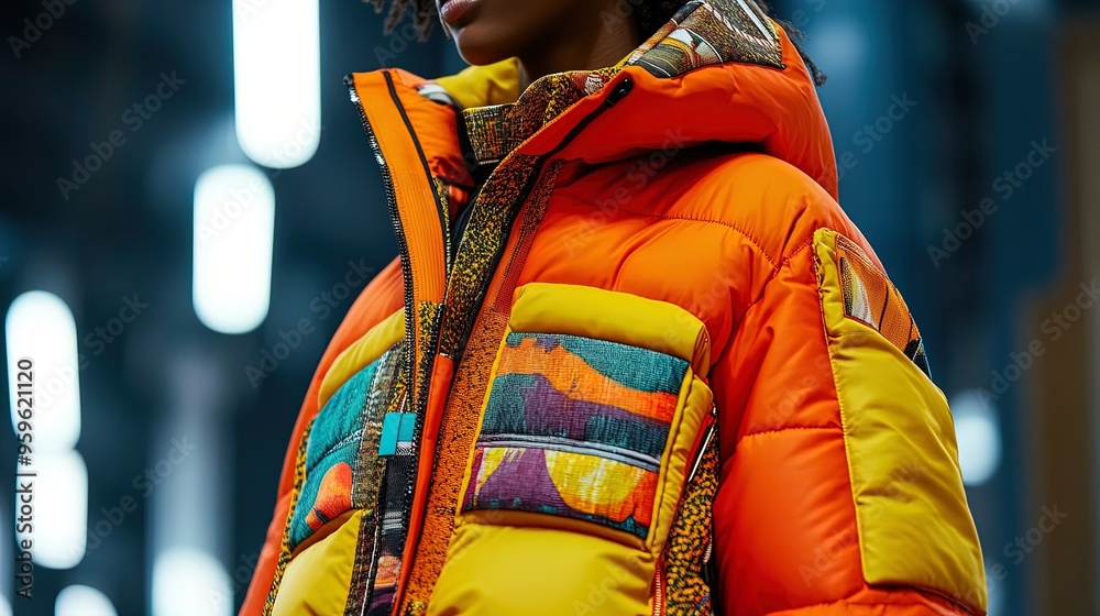 Fototapeta premium Vibrant Close-Up of a Fashionable Orange and Yellow Puffer Jacket: Perfect Poster for Sports Interiors Showcasing Elaborate Design and Texture