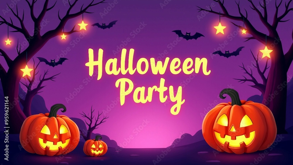 Halloween Party Invitation with Pumpkins, Stars, and Bats Halloween Party Invitation with Pumpkins, Stars, and Bats