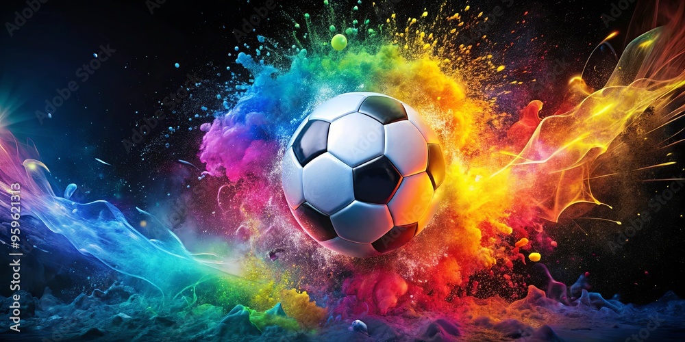 Naklejka premium A dynamic and vibrant soccer-themed stock photo featuring explosive splashes of color and motion