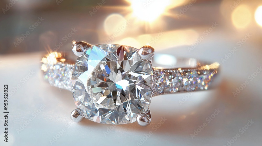 A radiant diamond ring placed on a clean white surface, with the stone's intricate cuts and sparkle taking center stage. A radiant diamond ring placed on a clean white surface, with the stone's intricate cuts and sparkle taking center stage.