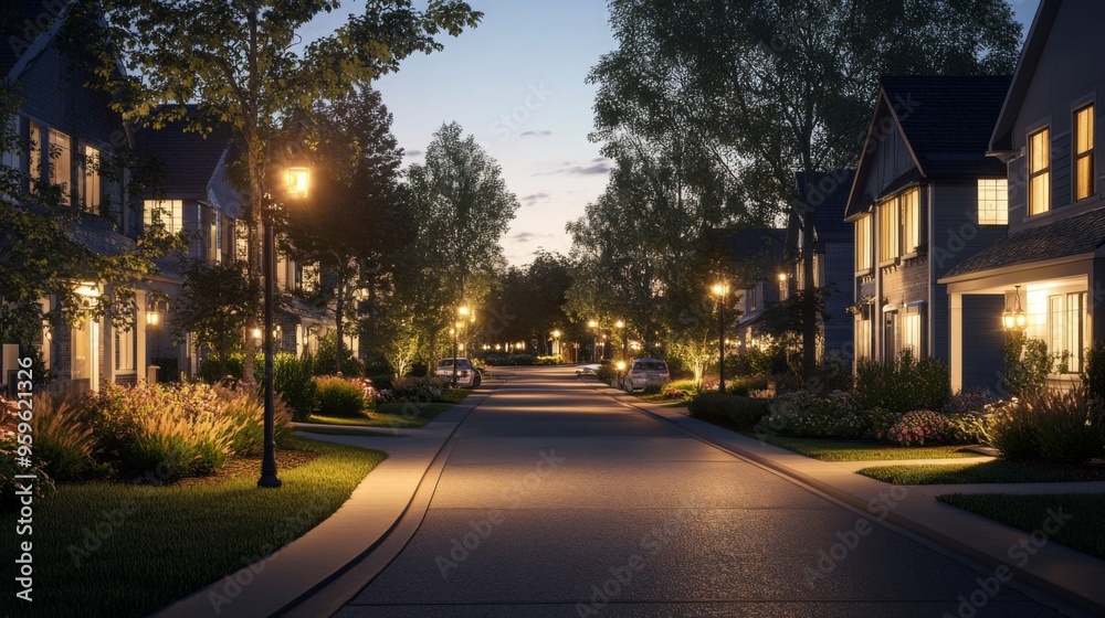 A quiet suburban street with softly glowing street lights casting warm light on the pavement and surrounding houses A quiet suburban street with softly glowing street lights casting warm light on the pavement and surrounding houses