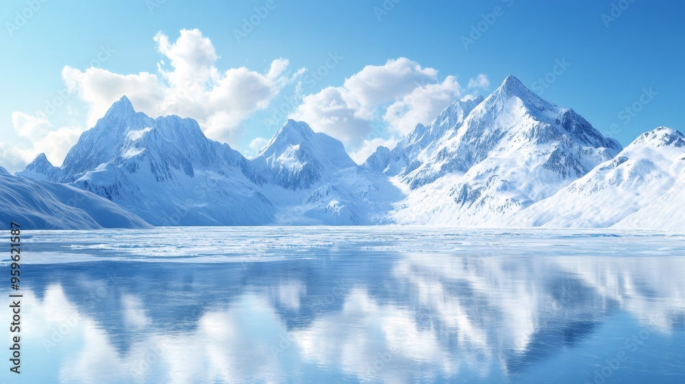 Obraz premium A serene view of a snow-capped mountain range reflected in a calm lake with a blue sky and white clouds.