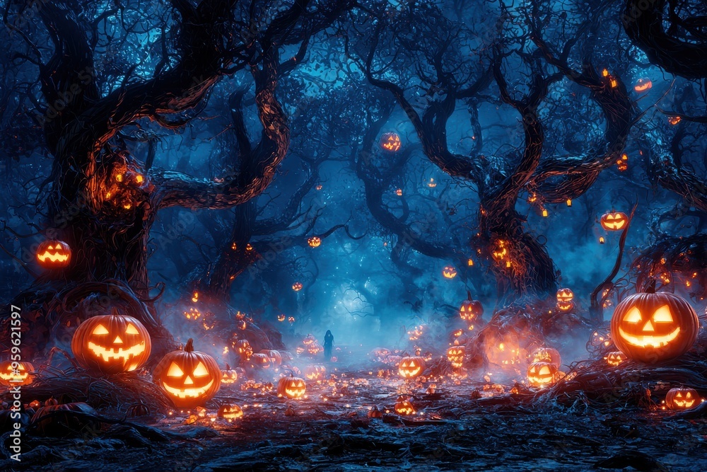 Eerie forest scene with glowing jack o' lanterns and mysterious lights at night Eerie forest scene with glowing jack o' lanterns and mysterious lights at night