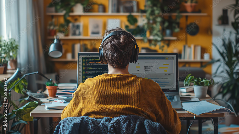 An online learning environment, a student sitting at a desk in their bedroom, wearing headphones An online learning environment, a student sitting at a desk in their bedroom, wearing headphones