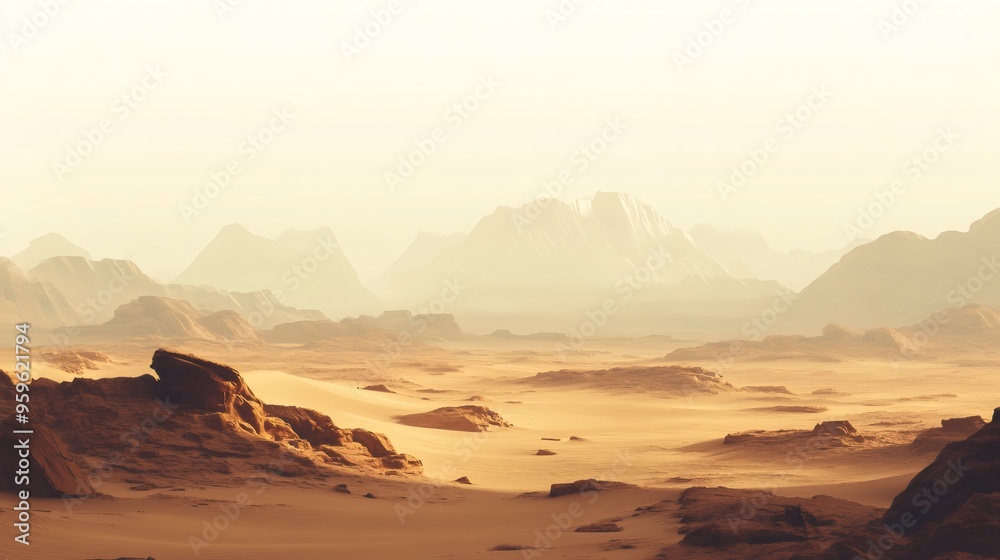 Naklejka premium A vast desert landscape with mountains in the distance, illuminated by a warm, golden light.