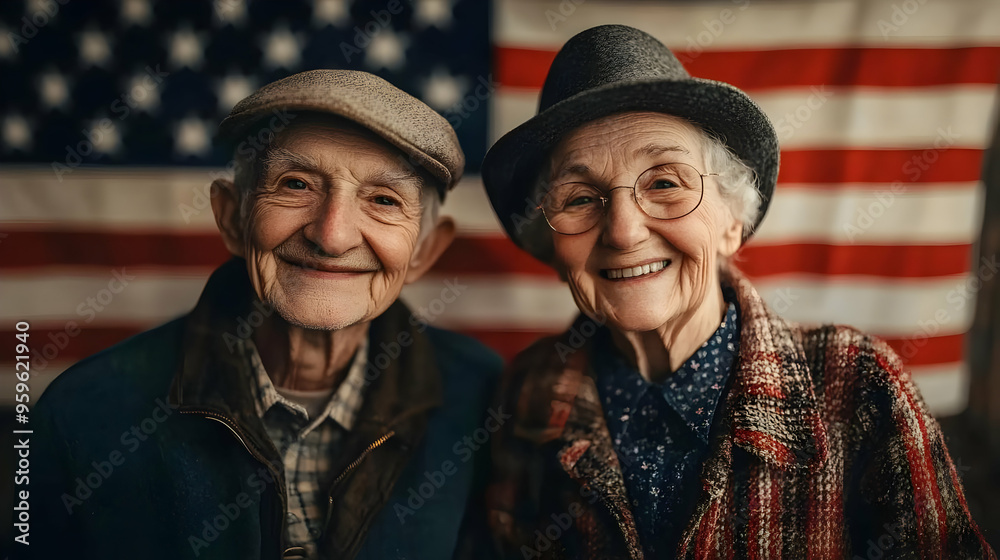 Elderly couple smiling against an American flag backdrop. Elderly couple smiling against an American flag backdrop.