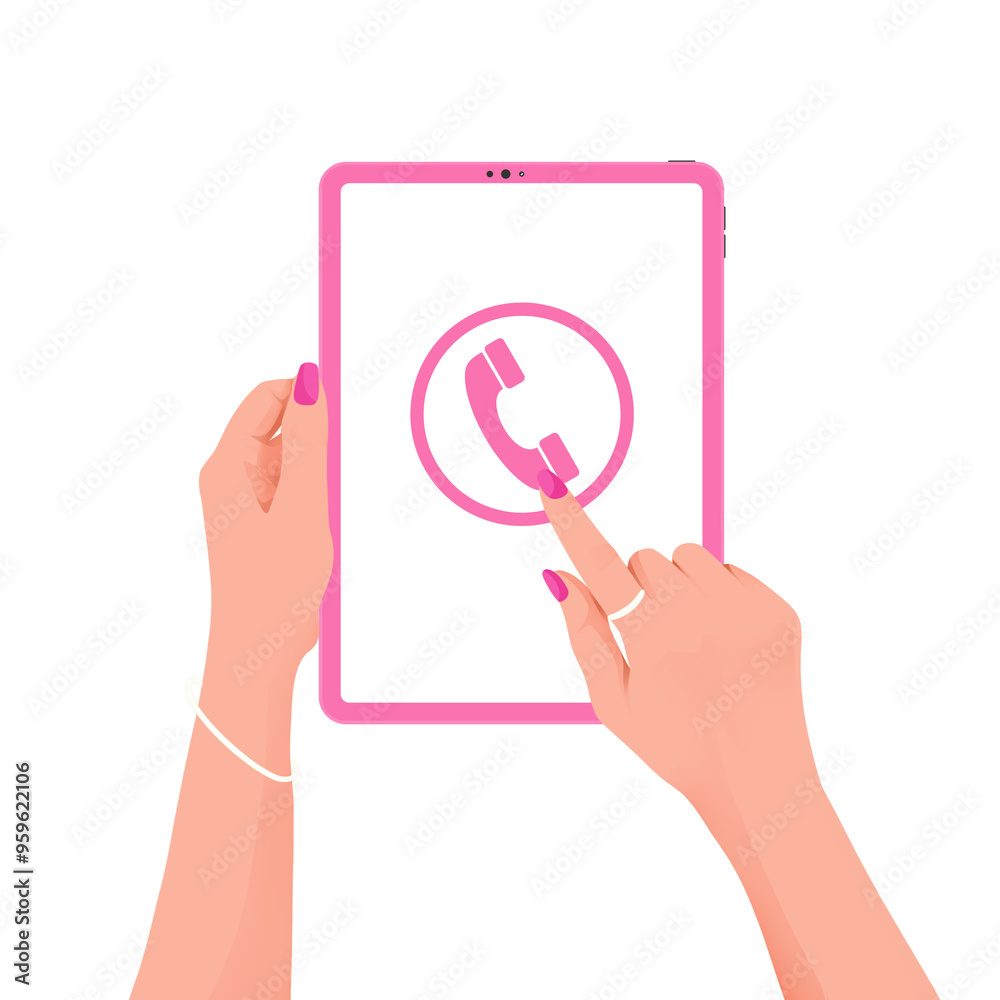 Woman’s Hand Holding a Tablet and Pressing a Pink-Themed Phone Icon in Minimalist Art Style Woman’s Hand Holding a Tablet and Pressing a Pink-Themed Phone Icon in Minimalist Art Style