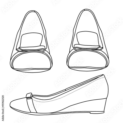 Women's Wedge Sandal with clossed toe design Line art,Technical sketch hand drawing outline vector doodle illustration various view isolated on white background
