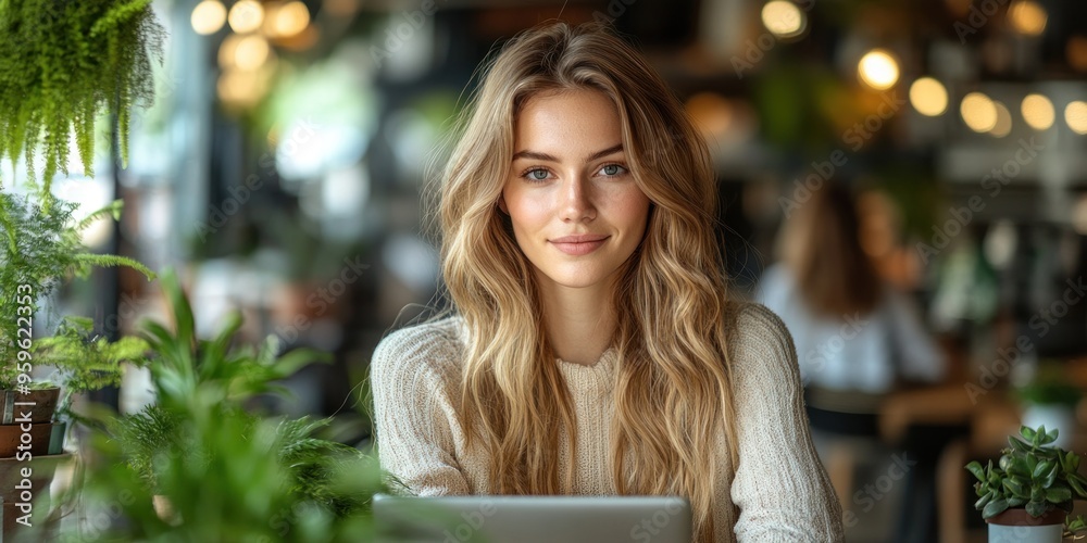 Blonde woman with long hair smiling in a cafe Blonde woman with long hair smiling in a cafe