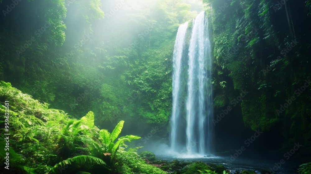A serene waterfall cascades through a lush rainforest, creating a misty and magical atmosphere. A serene waterfall cascades through a lush rainforest, creating a misty and magical atmosphere.
