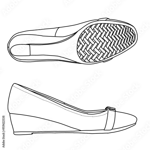 Women's Wedge Sandal with clossed toe design Line art,Technical sketch hand drawing outline vector doodle illustration side and bottom view isolated on white background