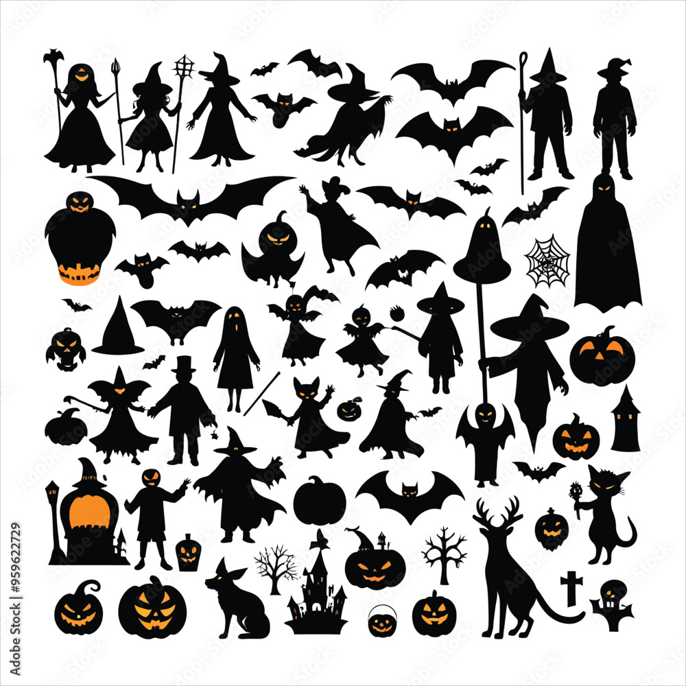Naklejka premium Creative Big set of silhouettes of Halloween elements on a white background. Vector illustration.