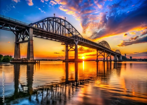 a photo image of the Tacony-Palmyra Bridge, spanning the Delaware River, connecting Pennsylvania and New Jersey, with a sunset glow