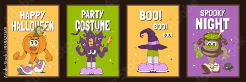 Halloween posters set.Creepy characters in the trendy groove style of the 70s and 80s. Happy halloween, boo, costume party.