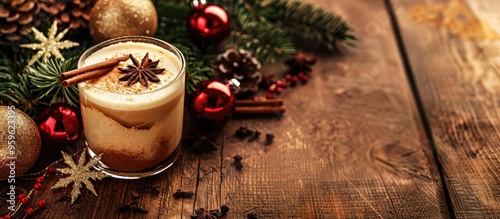 Christmas Bombardino cocktail from Livigno featuring egg liqueur VOV and rum seasoned with cinnamon and spices Set against a wooden background adorned with Christmas decorations with copyspace photo