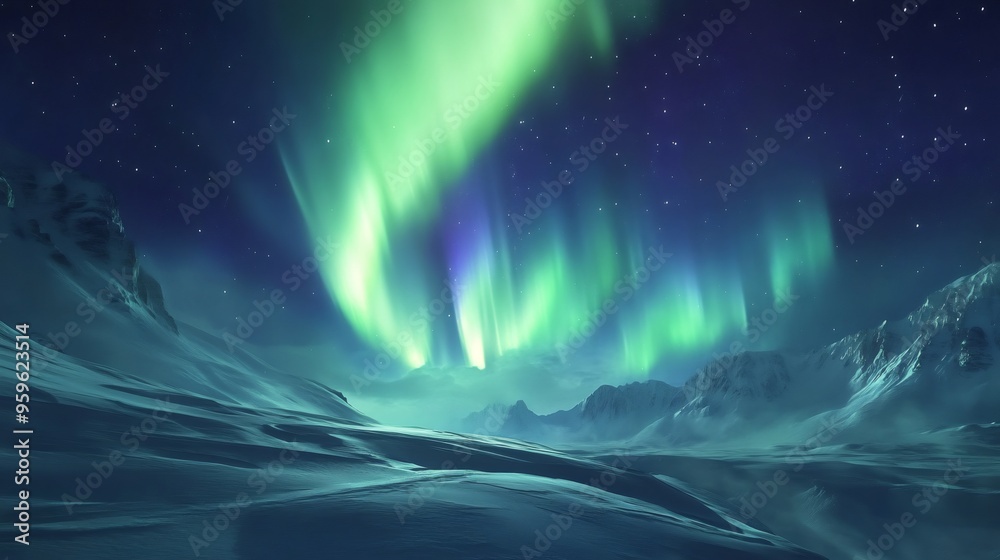 A vibrant green aurora borealis illuminates the night sky over a snowy mountain range. A vibrant green aurora borealis illuminates the night sky over a snowy mountain range.