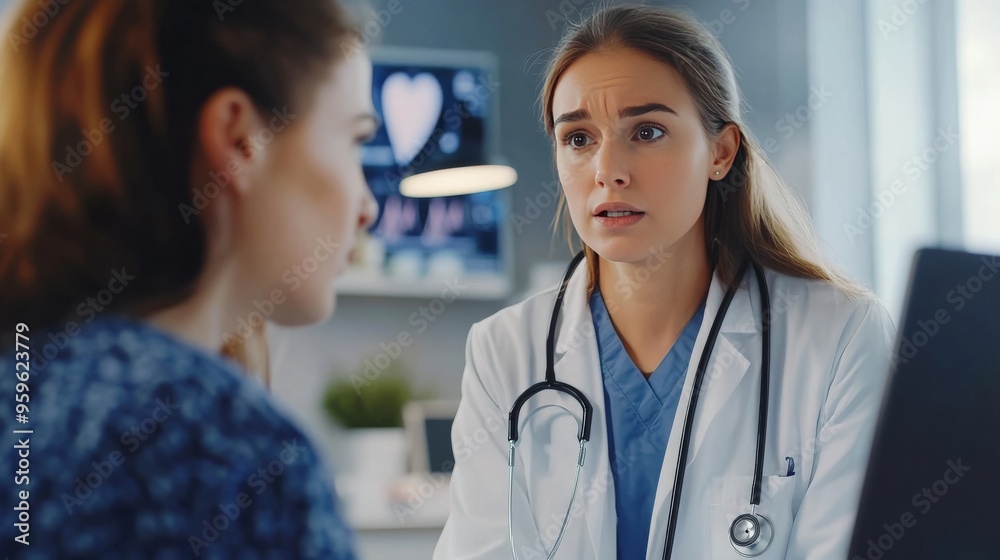 Doc shows cardiogram to worried patient. Doc shows cardiogram to worried patient.