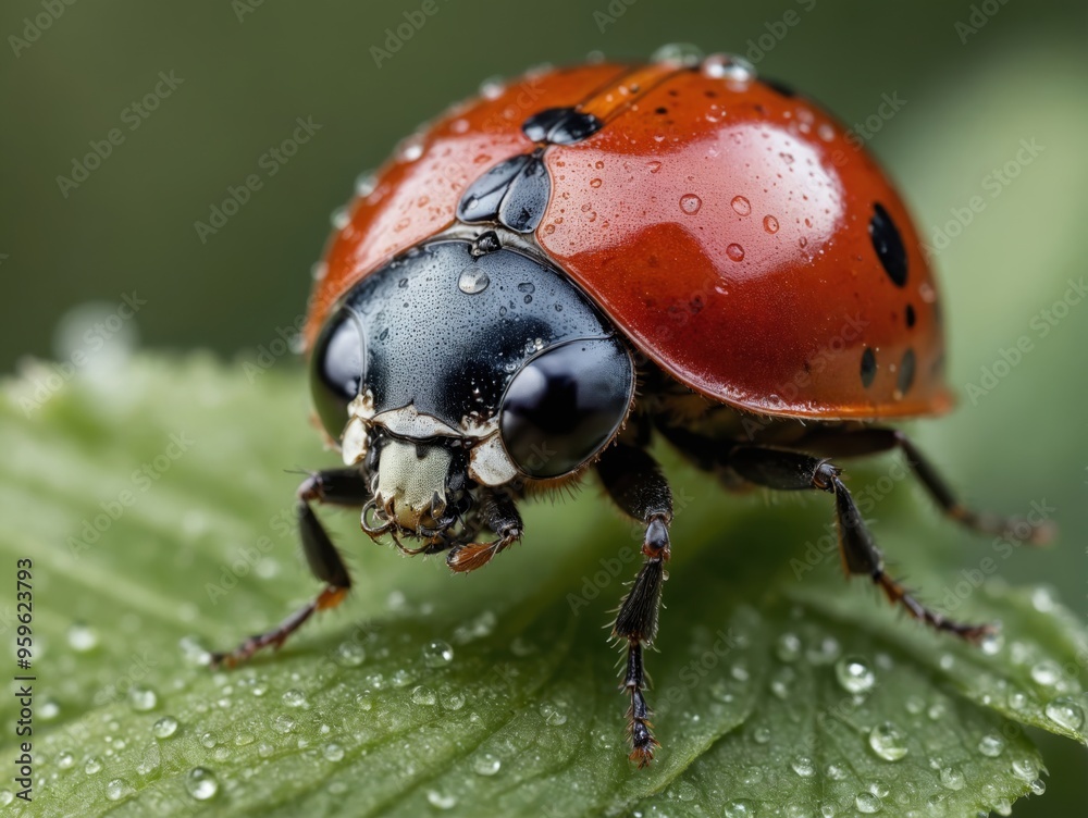 Fototapeta premium A red ladybug with black spots sits on a green leaf covered in water droplets.