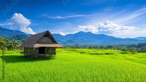 A scenic view of a traditional bamboo hut surrounded by expansive rice fields, with mountains in the distance and clear blue skies