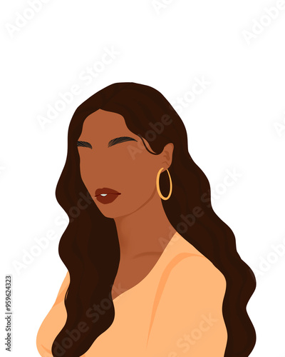 Illustration of a Black woman with wavy hair, showcasing natural beauty and elegant style, ideal for beauty, fashion, and lifestyle content.