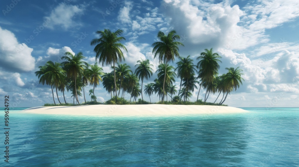 A small tropical island with palm trees and a beautiful blue sky. A small tropical island with palm trees and a beautiful blue sky.