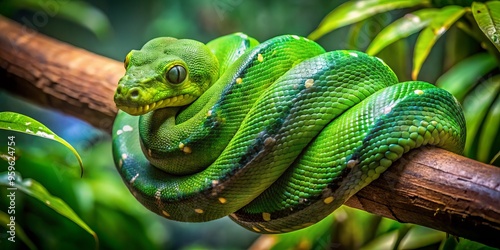 a photo image of a slender, emerald green boa constrictor wrapped tightly around a branch of a lush tropical tree photo